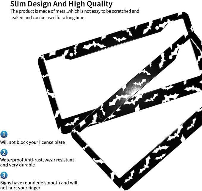 Black Bat License Plate Frame - 2Pcs Halloween Bat License Plate Holder Goth Gothic Car Decorative Accessories Cute Metal License Plate Cover for Men and Women Standard U.S. License Plate with Screws