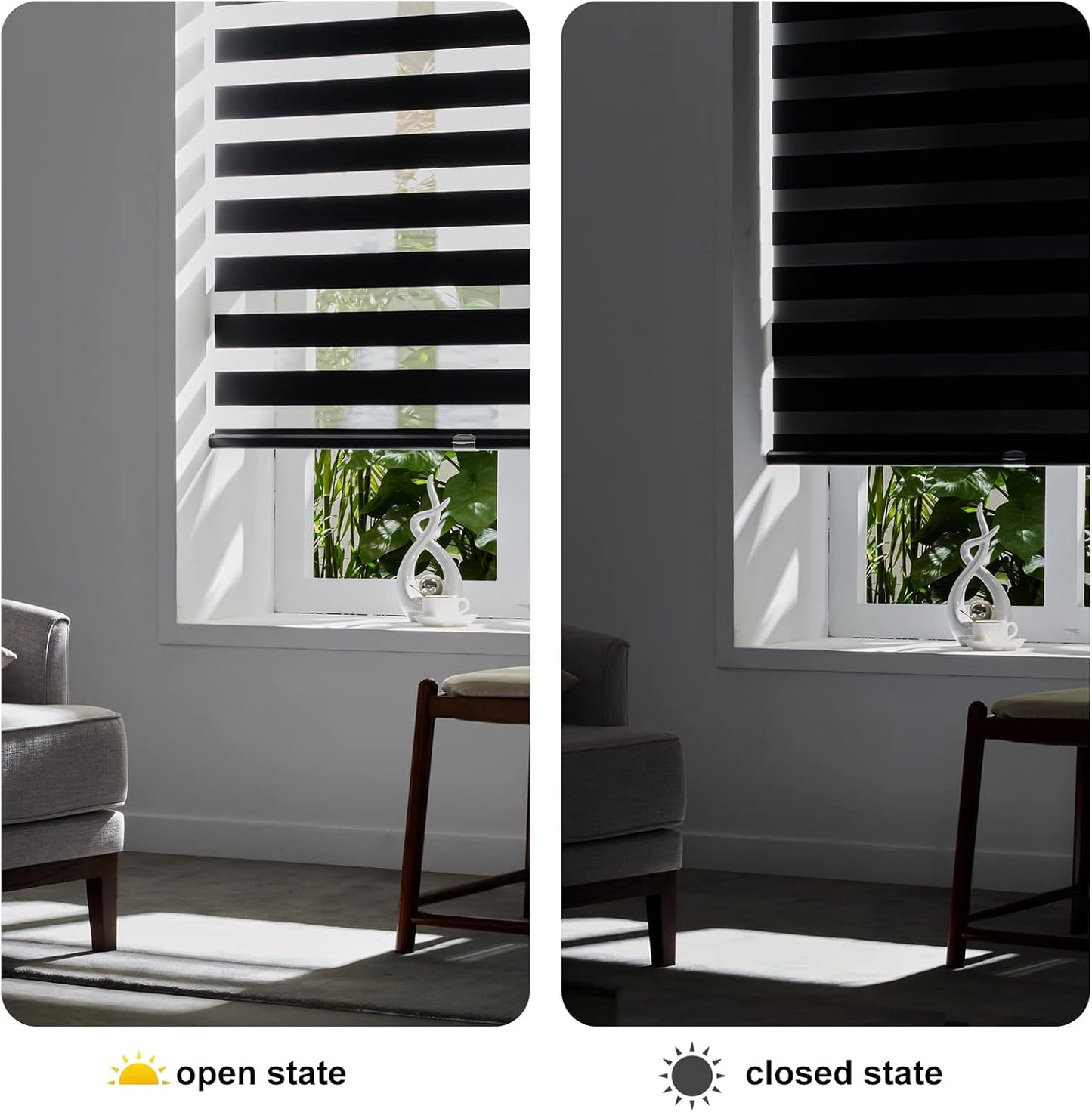 Persilux Cordless Zebra Blinds for Windows Free-Stop Roller Windows Shades (31" W X 72" H, Black) Dual Layer Light Control for Day and Night, Light Filtering Sheer Shades for Home, Easy to Install