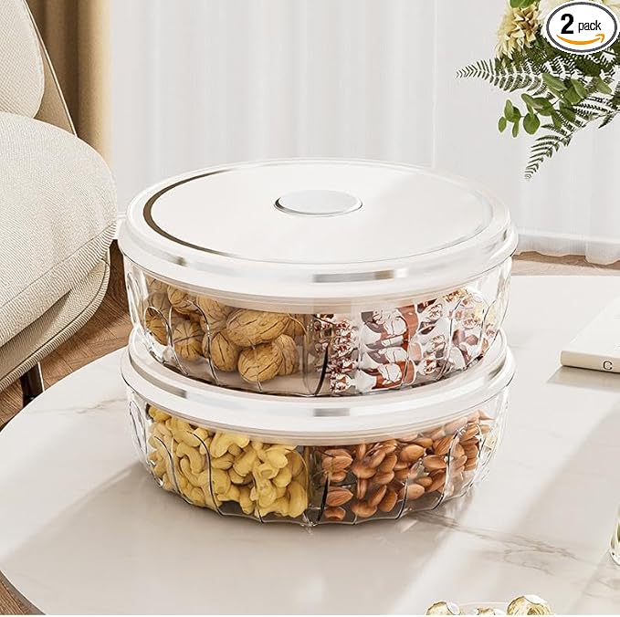 2 Pack Divided Serving Tray with Push-on Lid, 5 Compartments Round Plastic Food Storage Organizer, Snack Tray for Portable Snack Platters, Clear Organizer for Candy, Fruits, Nuts