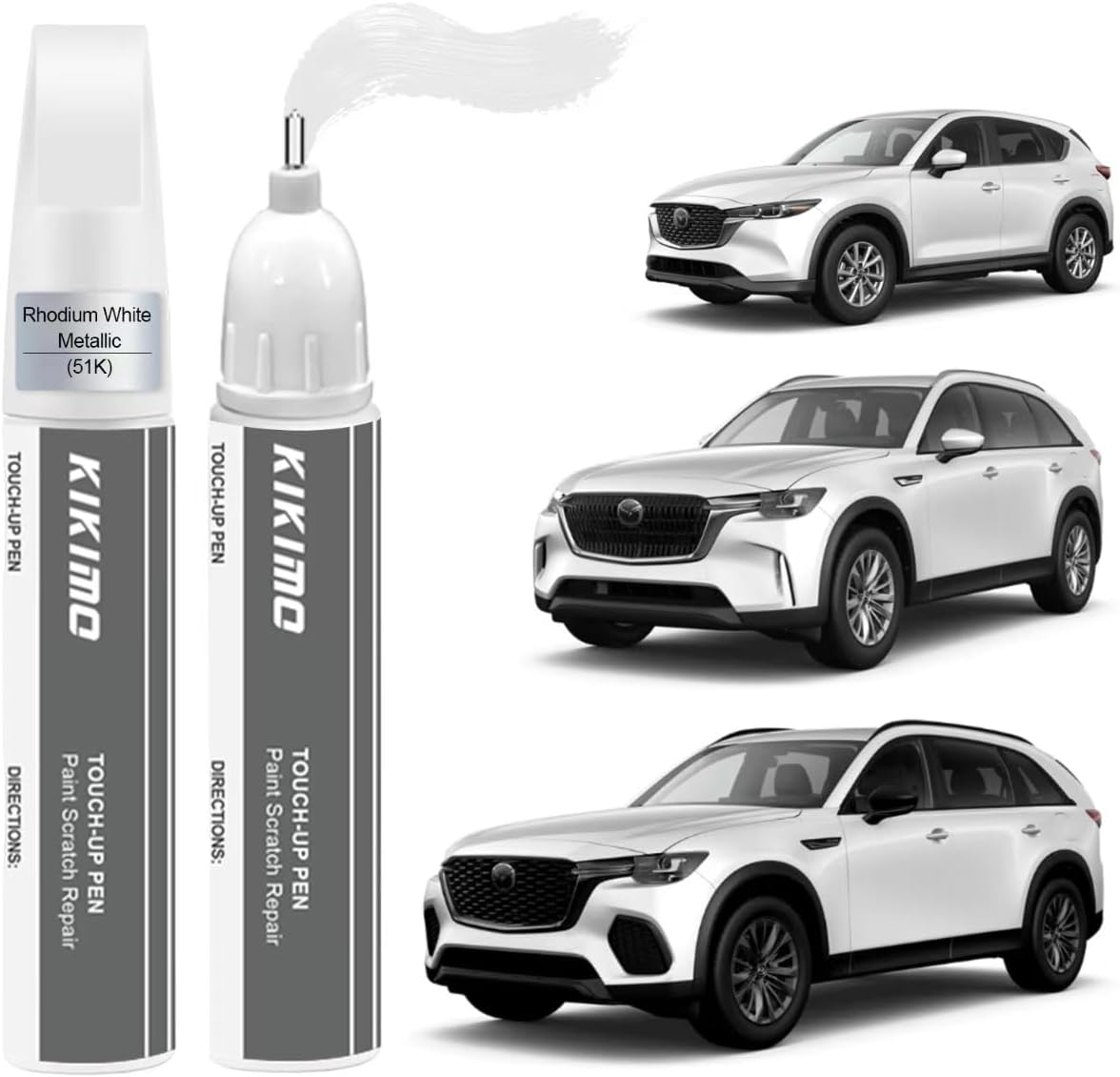 KIKIMO for Mazda Touch Up Paint(Rhodium White Metallic(51K)), Car Paint Repair Kit for Mazda, 2 In 1 Scratches Repair with Pen Tip and Brush, Color-Matched for Quick & Easy Fix