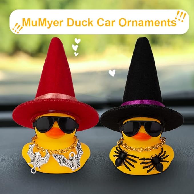 Car Rubber Duck Ornaments Halloween Duck Car Dashboard Decorations with Mini Witch Hat Sunglasses Necklace Halloween Accessories for Halloween Themed Gifts(W10-B&Purple Ribbon)