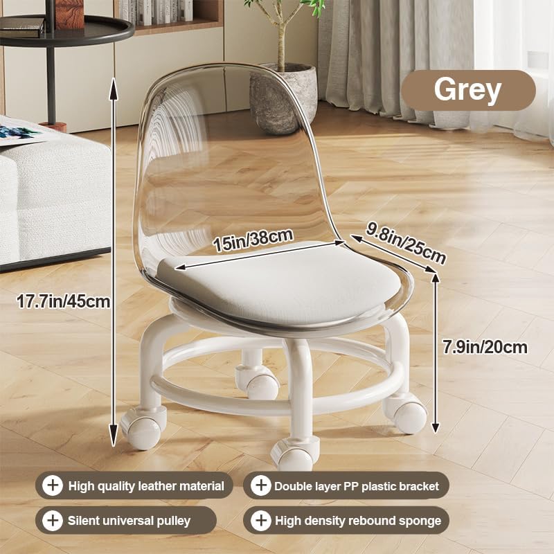 Low Rolling Stool with Wheels,Mini Rolling Garage Stool with Back Support,360° Rotating Floor-Friendly Wheels for Home, Office,Garage & Salon (Transparent Gray)