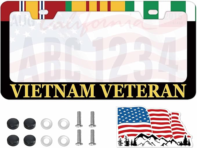 1PCS Vietnam Veteran License Plate Frame Holder - USA Stars and Stripes Auto Universal Aluminum Matte Car Tag Holder Covers with Sticker & Screws for Men