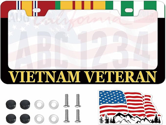 1PCS Vietnam Veteran License Plate Frame Holder - USA Stars and Stripes Auto Universal Aluminum Matte Car Tag Holder Covers with Sticker & Screws for Men