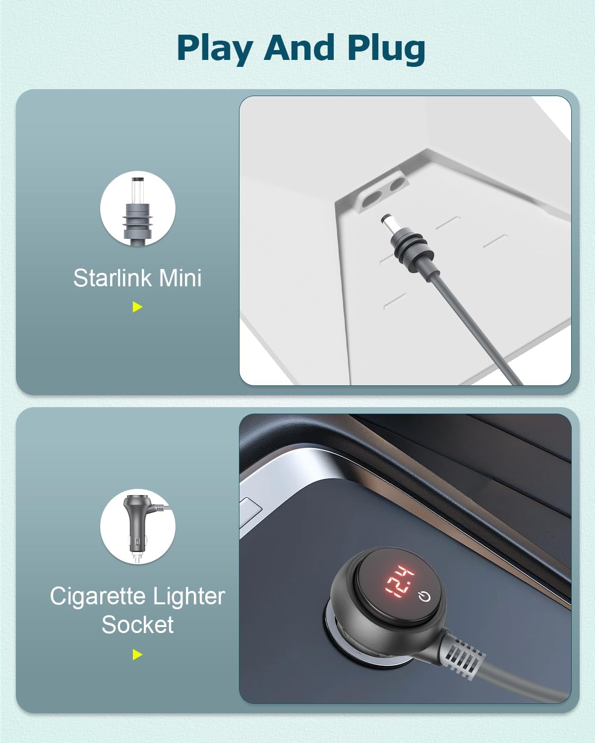 Starlink Mini Cable 10FT Car Adapter for Starlink Mini 12V Adapter with Switch/Digital Display 12V-24V DC Power Cable Cigarette Lighter Car Charger Waterproof Accessories for RV Trucks Boat 18AWG 3M