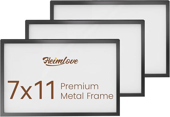 Heimlove 7x11 Metal Picture Frame,Black Aluminum Photo Frames-Real Tempered Glass,Tabletop Display,Mounting Horizontally or Vertically Decor for Wall-3 Pack