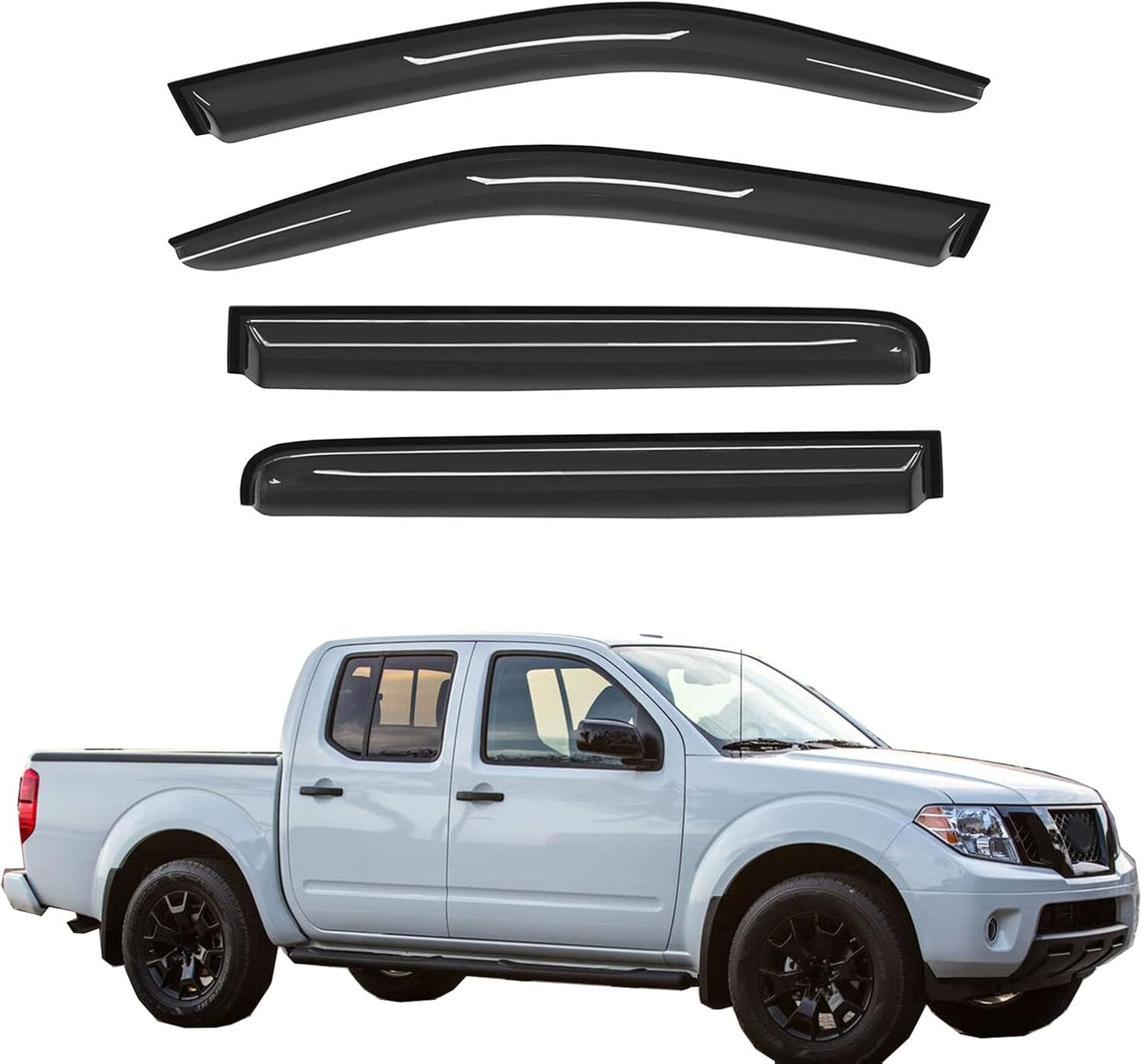 Smoke Window Visors Compatible with 2005-2016 Nissan Frontier Crew Cab 4 Full Size Doors Sun/Rain Guards Wind Deflectors 4pc