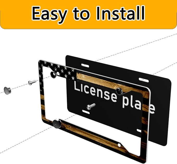 License Plate Frame 2 Pack Front Rear Aluminum Metal Rust-Proof Universal Car Tag Frames Holder with 4 Holes Car Decor Accessory with Screws for Men Women - Wood American Flag