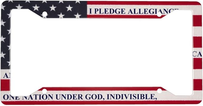 Patriotic American Flag License Plate Frame - 1 Pack Personalized Aluminum Car License Plate Cover Pledge of Allegiance 4 Hole Auto Car Tag for Women/Men Pledge License Plate Holder