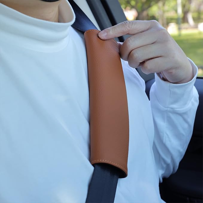 Car Seat Belt Covers for Adults Soft Leather Seatbelt Shoulder Pad Neck Cushion Protector Comfortable Driving Car Accessories Truck SUV Airplane Backpack (SC01Brown-9in-1Pack)