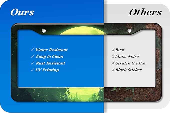 2PCS Green Full Moon Pattern License Plate Frames for Men Women - Universal Aluminum Stainless Steel Forest Car Tag Covers Holder with Screws, Caps, Rattle Proof Pads and Handlebar Stickers