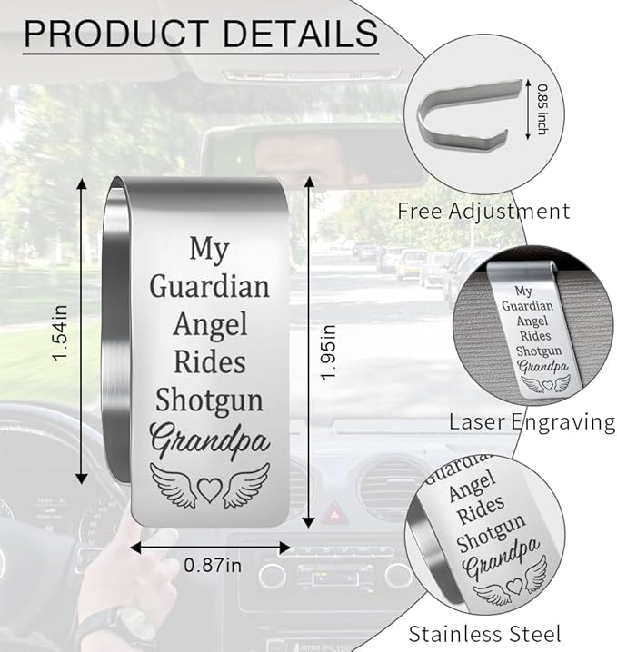 My Guardian Angel Grandpa Engraved Stainless Steel Car Visor Clip, Funny Safe Driving Gifts for Grandson Granddaughter, Travel Visor Car Accessories for Sweet 16 Birthday Gifts for New Driver
