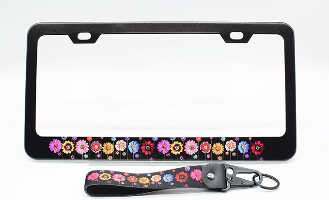 1-Pack Colorful Daisies Floral License Plate Frames for Women Man, 2 Holes Daisy Flower Aluminum License Plate Holder, Floral License Plate Cover fits Vehicles with Keychain Wrist Lanyard