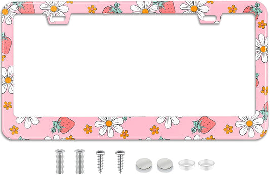 Pink Strawberry Floral License Plate Frame Stainless Steel License Plate Frames Holder Covers Rust-Proof Auto Parts Decoration with Screws License Plate Holder for Car Accessories 12x6 Inch