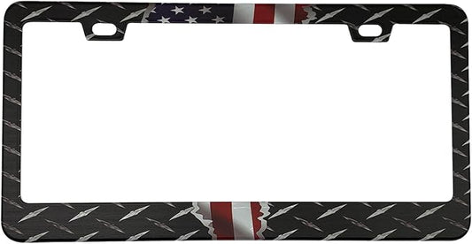 American Flag Metal Diamond Plate Texture Patriotic License Plate Frame Cover for Men/Women, Powder Coated Stainless Steel Auto Car Tag Frame with 2 Holes & Free Screws