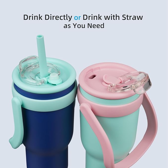 BJPKPK 40 OZ Insulated Travel Tumbler with Handle and Straw, Stainless Steel Water Bottle, Double Wall Vacuum Insulated Mug, for Work, Car, Travel, Guava