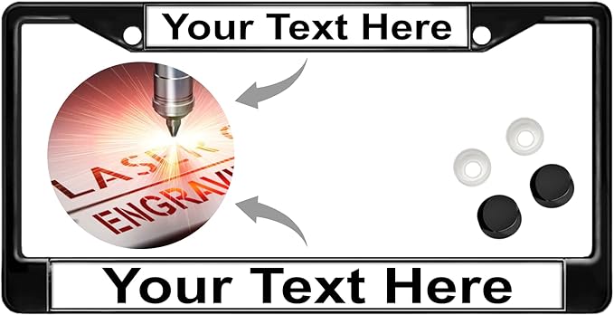 Custom Personalized Black Powder-Coated Metal Laser Engraved Standard Size - Car/Automobile License Plate Frame with Free caps - White/Black Text (Qty: 1 Frame)