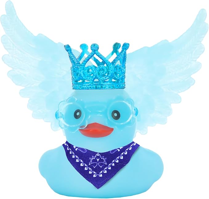 BOZILY Blue Angel Rubber Ducky Car Dashboard Decor - Squishy Rubber Duck with Blue Crown, Sunglasses, Scarf & Wing, Stress Relief Car Accessory for Adults, Includes Adhesive Stickers