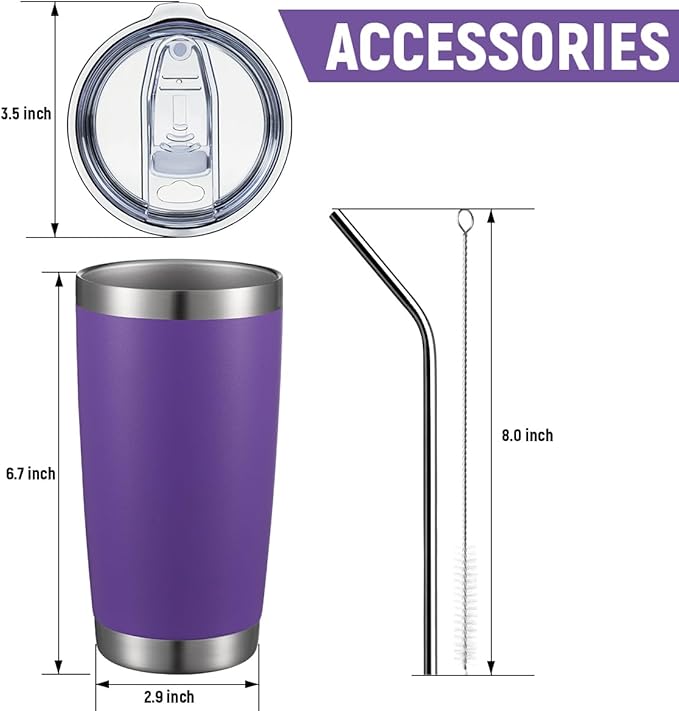 COMOOO 20oz Stainless Steel Tumbler with Lid and Straw, Double Wall Vacuum Insulated Travel Mug, Durable Powder Coated Insulated Coffee Cup for Cold & Hot Drinks Purple, 6 Pack