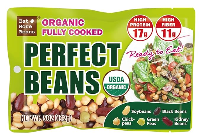 【Eat More Beans】Organic Fully Cooked Perfect Beans - Economy Pack, USDA Vegan Vegetarian Healthy Food- Variety of Organic Edamame, Chickpea, Black Beans, Green Peas, Kidney Beans (12 Packs, 5 oz)