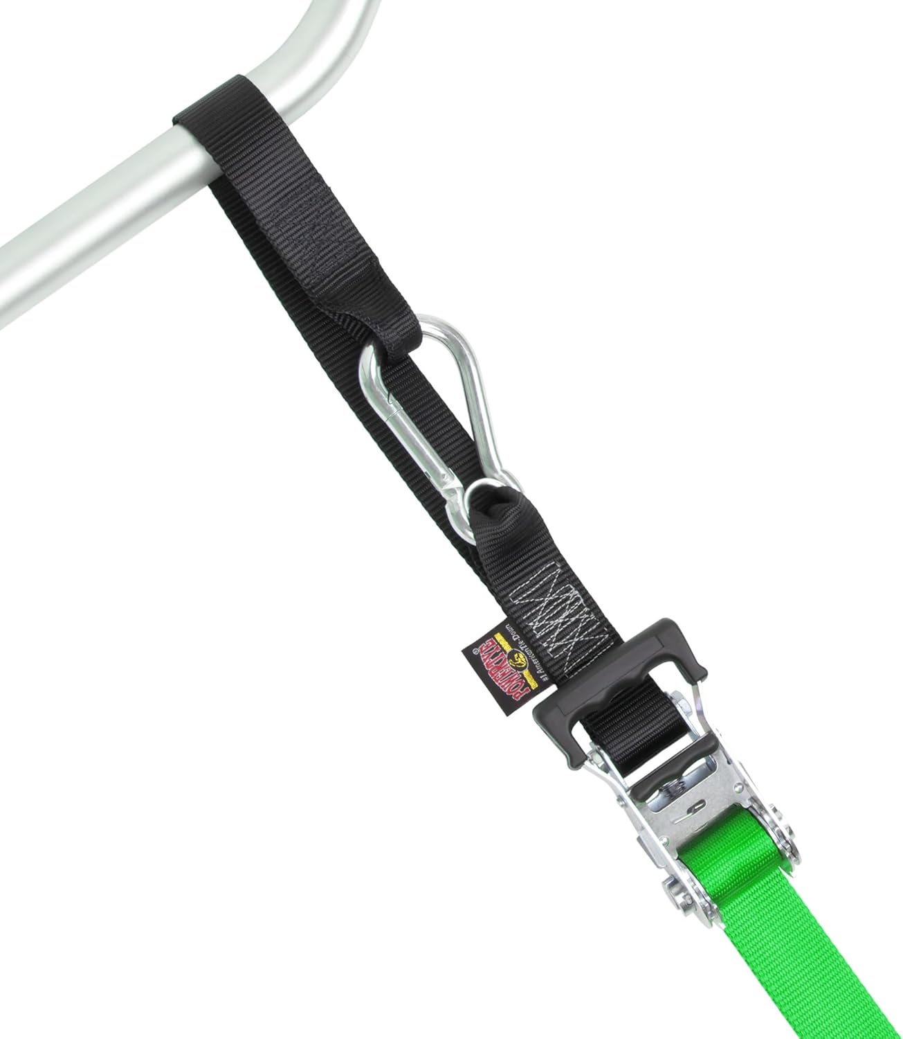 PowerTye - Made in USA - Heavy Duty Ratchet Tie Down Straps with Carabiner Hooks, Soft-Tye & Storage Bag, for Motorcycle, ATV, Trailer & Cargo, 1,000 lb WLL, 1.5 inch x 6.5ft Long, Green/Black (Pair)