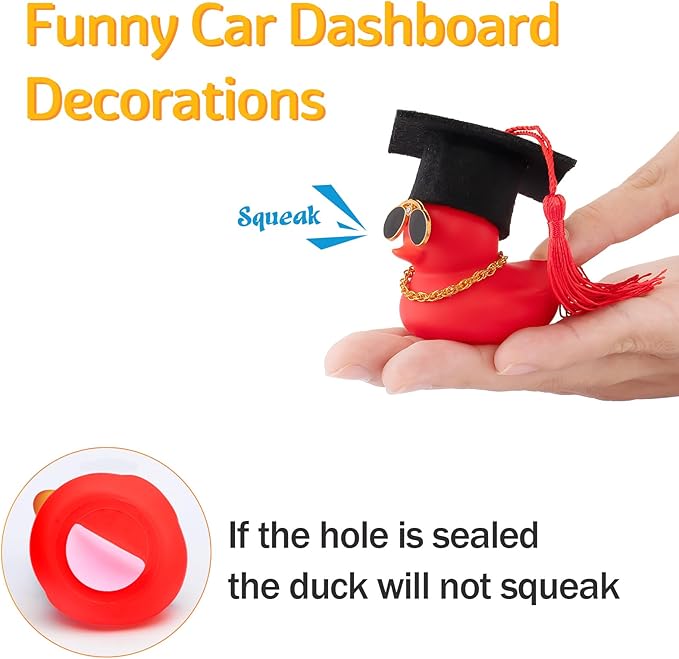 wonuu Car Dashboard Decor Graduation Hat Color Rubber Duck, Car Ducks Ornaments with Mini Graduation Hat Necklace Sunglasses (Black)