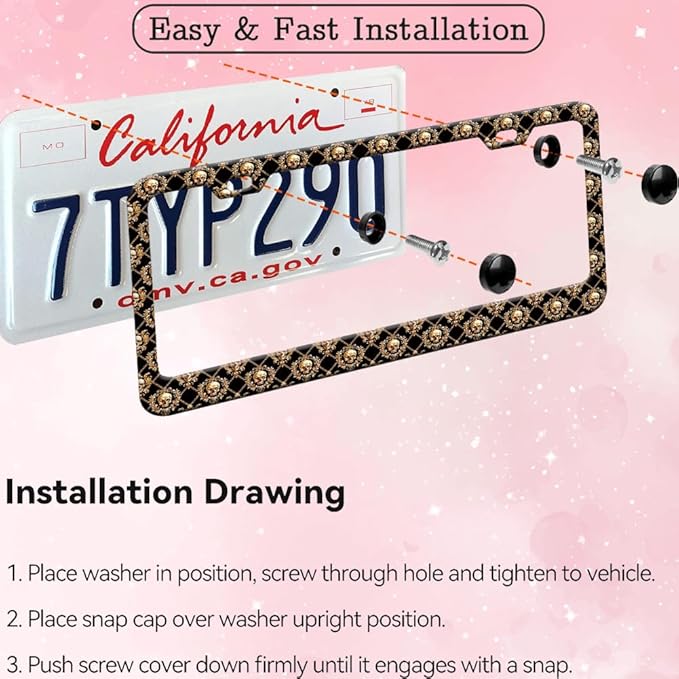 1pcs Brown Skulls License Plate Frame for Women, Skull Skeleton car Decorative tag Frames Girly,Halloween License Plate Cover Holder for Vehicle with Double Sided car Keychain tag