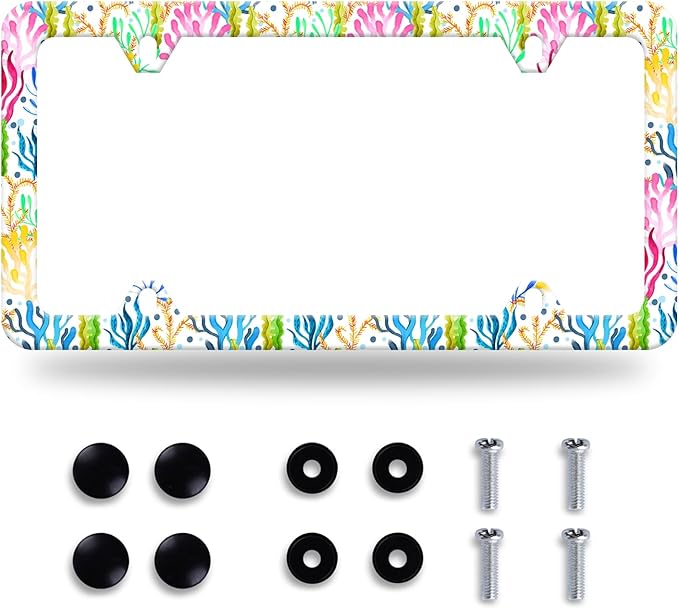 Colorful Corals Flag License Plate Frame License Plate Stainless Steel Auto Parts Funny License Plate Decorative with Screws Size 12.3" x 6.3" for Men Women