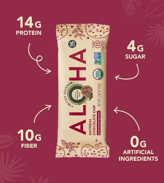 ALOHA Organic Plant Based Protein Bars - Oatmeal Chocolate Chip - 12 Count, 1.9oz Bars - Vegan Snacks, Low Sugar, Gluten-Free, Low Carb, Paleo, Non-GMO, Stevia-Free, No Sugar Alcohols