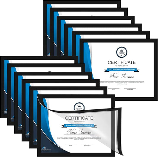 8.5 x 11 Certificate Frames Set Of 12, Self Adhesive Picture Frames 8.5 x 11, Magnetic Diploma Frame for Wall Display, Document Frames For Home Office, Horizontal or Vertical, Black