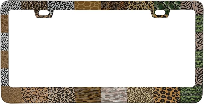 Animal Print Collage License Plate Frame Cover, Matte White Powder Coated Stainless Steel, Animal Print Auto Car Tag Frame with 2 Holes & Free Screws