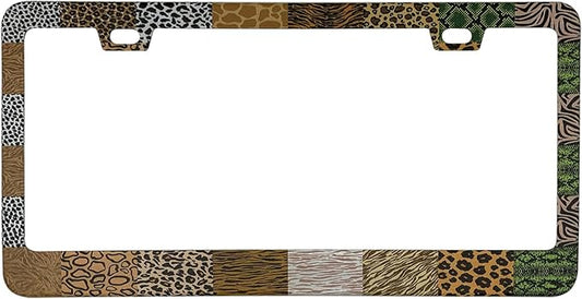 Animal Print Collage License Plate Frame Cover, Matte White Powder Coated Stainless Steel, Animal Print Auto Car Tag Frame with 2 Holes & Free Screws