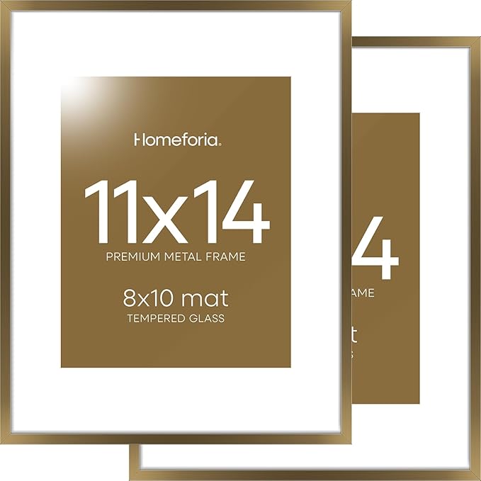 Homeforia 11x14 Bronze Picture Frame, High End Metal 11x14 Brass Frame with Mat 8x10, 11 x 14 Poster Frames Matted to 8 x 10 inch Photo, 11 by 14 Bronze Thin Frames, Tempered Glass, Wall Kit, Set of 2