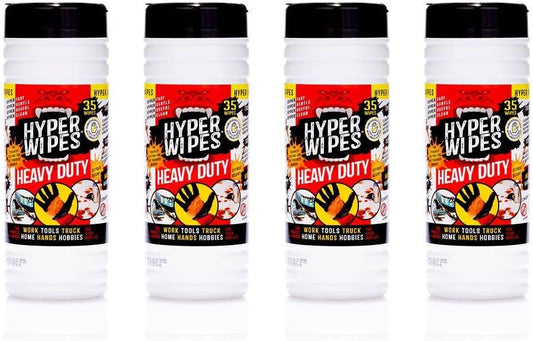 Hyper Wipes, 4 Pack Heavy Duty Hand & Tool Cleaning Wipes, 7"x12" Size Multi-Surface Cleaning Wipes, Degreasing, All Purpose Cleaner, Bathroom, Mechanic, Work Surface Wipes, 140 Count Canister