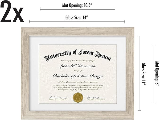Americanflat 11x14 Diploma Frame with Shatter-Resistant Glass - Set of 2 - Use as 8.5x11 Frame with Mat or Display 11x14 Documents Without Mat - Legacy Collection - Certificate Frames - Driftwood