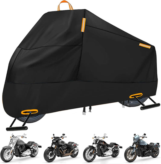 Motorcycle Cover Waterproof Outdoor, 300D Heavy Duty Motorcycle Cover for Harley Davidson Sportster 1200 883 Fat Boy 114 Street Bob, All Seasons Protection Scooter Cover Fits up to 96" - Black
