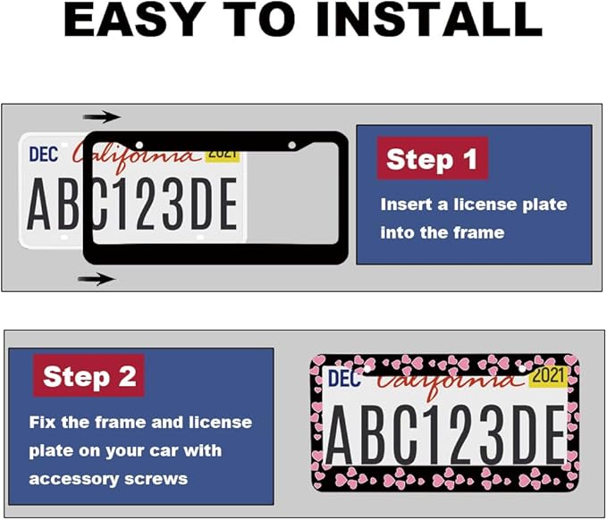 2pcs Pink Love Heart License Plate Frame for Women, Pink Love Hearts car Decorative tag Frames Girly,Beautiful License Plate Cover Holder for Vehicle with Double Sided car Keychain tag
