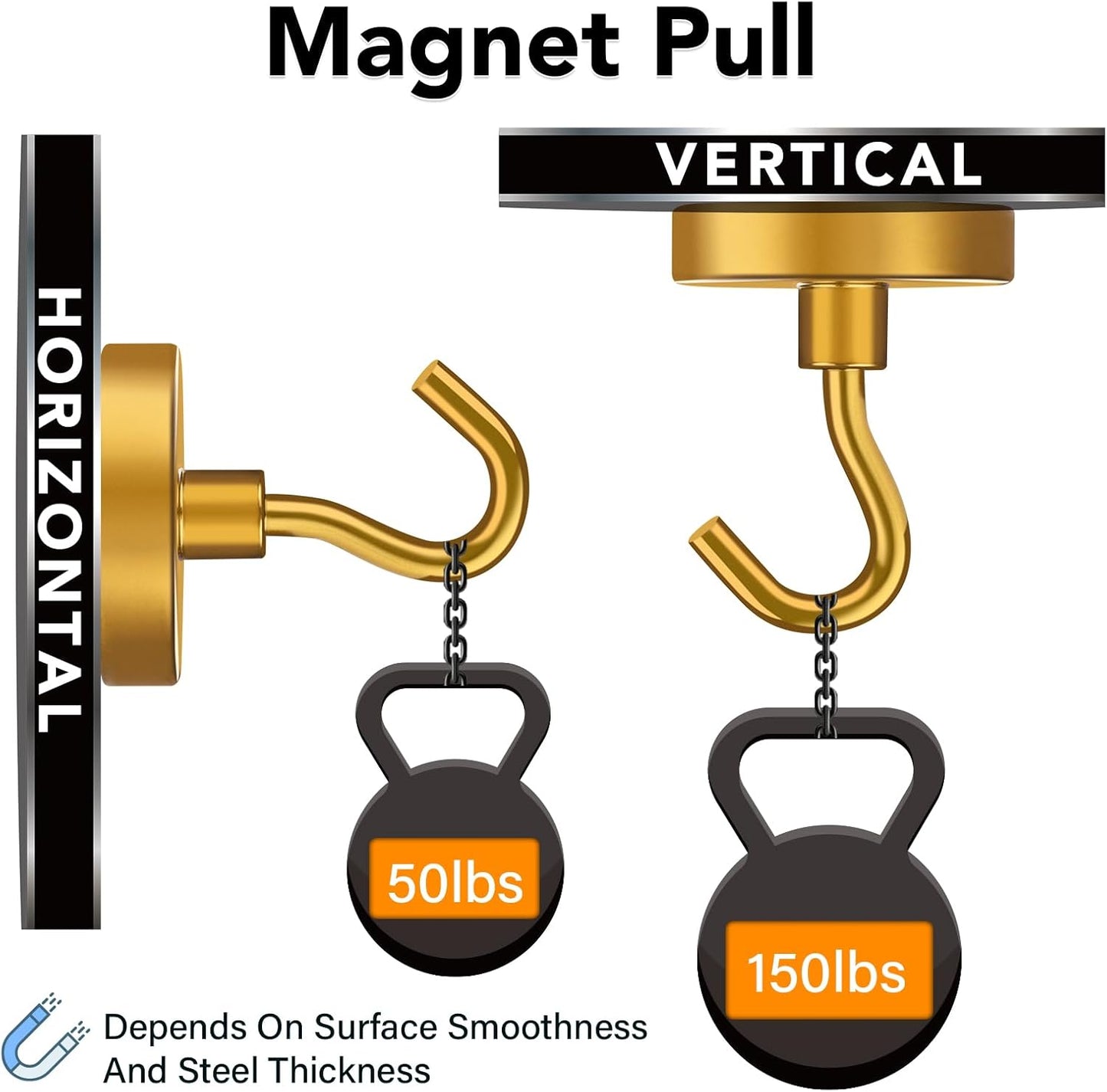 MIKEDE Magnetic Hooks,150LB Heavy Duty Magnets with Hook for Fridge, Super Strong Magnets Neodymium Extra Strength Industrial Hooks for Hanging, for Toolbox, Cruise(Yellow, 4 Pack)