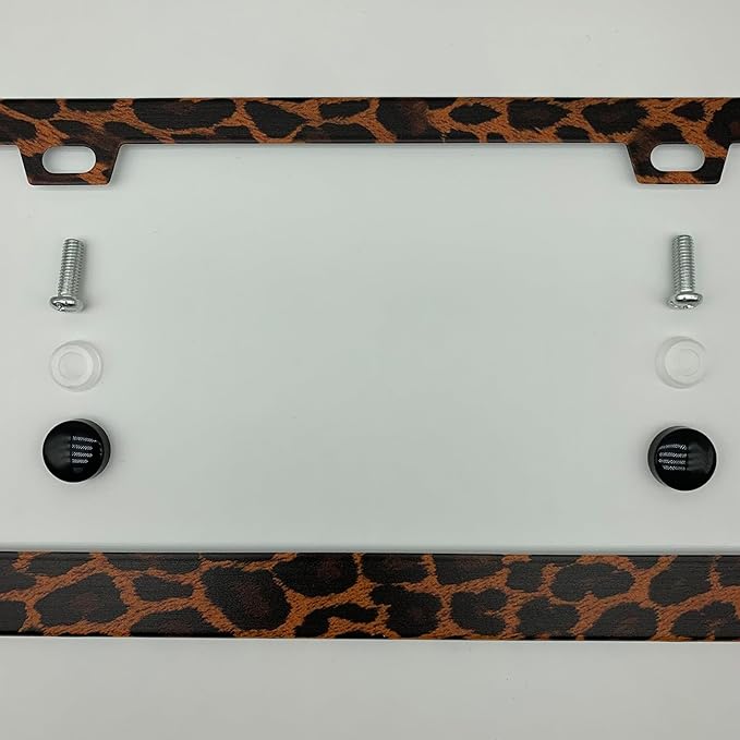 Leopard Cheetah Print Brown and Black License Plate Frame Cover, Matte White Powder Coated Stainless Steel, Animal Print Auto Car Tag Frame with 2 Holes & Free Screws