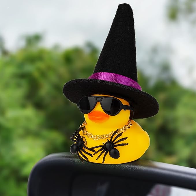 Car Rubber Duck Ornaments Halloween Duck Car Dashboard Decorations with Mini Witch Hat Sunglasses Necklace Halloween Accessories for Halloween Themed Gifts(W10-B&Purple Ribbon)