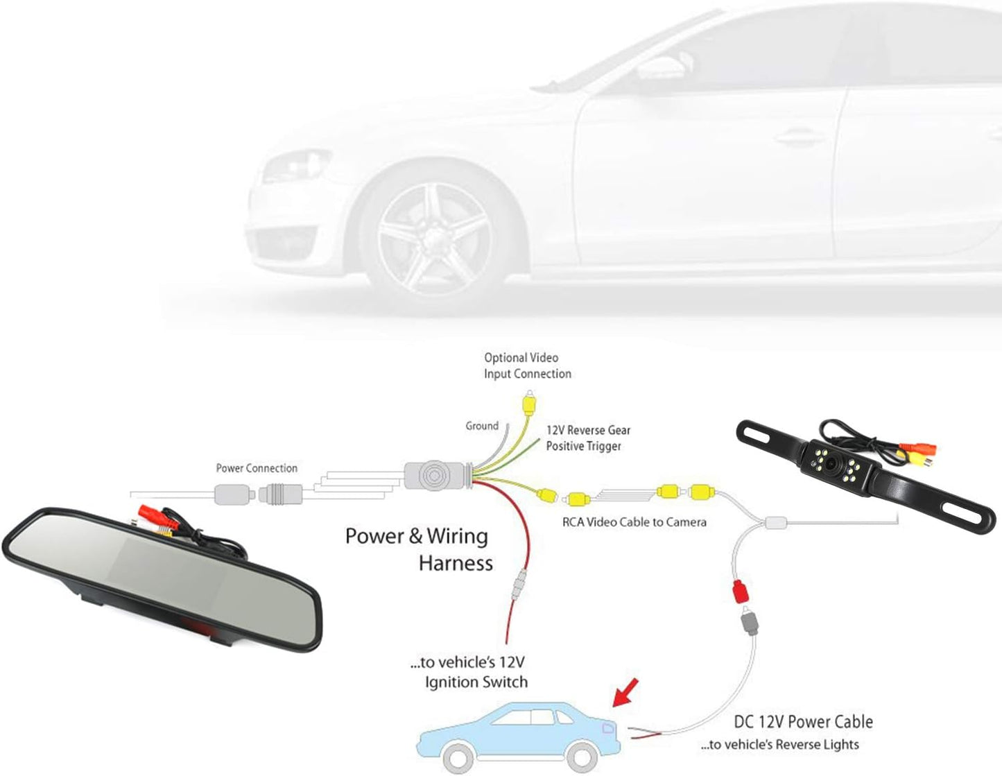 Backup Camera and Monitor Kit, 4.3" Car Vehicle Rearview Mirror Monitor for Car Reverse Camera Waterproof Car Rear View Camera with 9 LED Night Vision (4.3" Backup Camera)