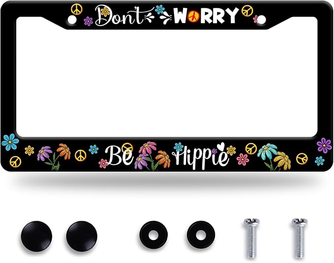 Hippie License Plate Frame Colorful Peace Flowers License Plate Frames Funny Auto Accessory Bracket Stainless Steel Personalise License Plate for Women Men 6.3x12.3 Inch