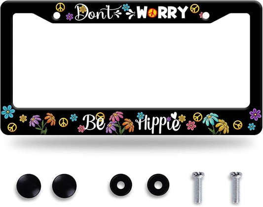 Hippie License Plate Frame Colorful Peace Flowers License Plate Frames Funny Auto Accessory Bracket Stainless Steel Personalise License Plate for Women Men 6.3x12.3 Inch
