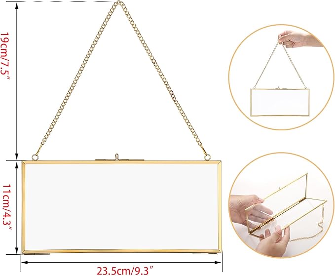 JUXYES 2 Pack Wall Hanging Business License Frame Brass License Certificate Display Frame, Double Glass Floating Diploma Frames, Wall Mount Golden Graduation Frames for 4x9 and 3.5x8.5 Certificate Business Licenses