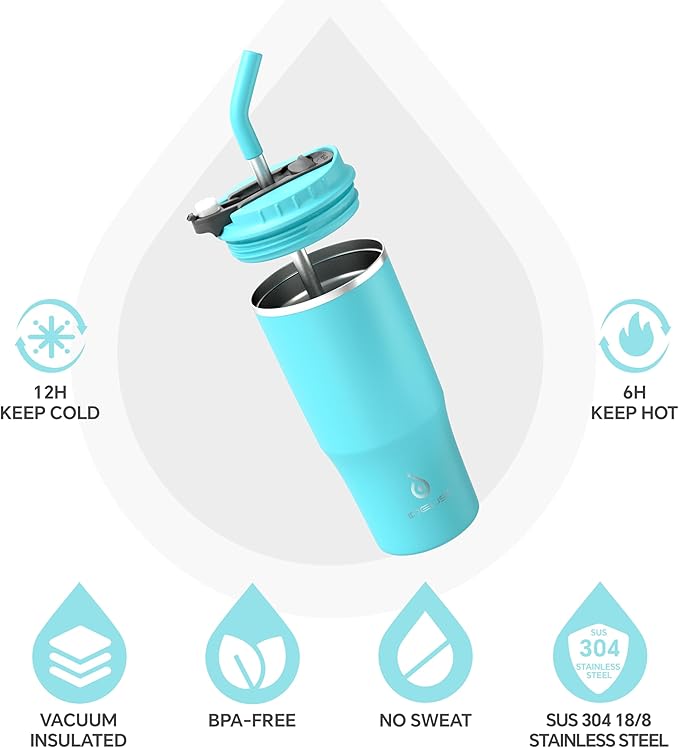 Ideus Insulated Tumbler with Lid and Straw 24 oz, Stainless Steel Double-Wall Vacuum Leak-Proof Travel Coffee Mug, Cup Holder Friendly, Sky Blue