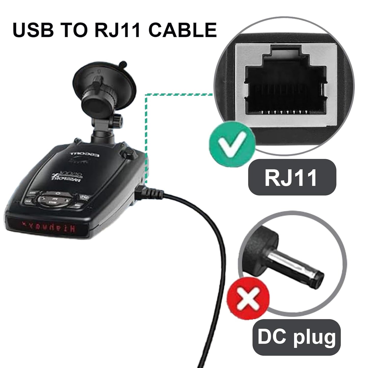 Radar Detector Cable for Escort Passport 9500ix, Beltronics, Uniden R1 R3 R7, USB to RJ11 Plug Cable 5Ft