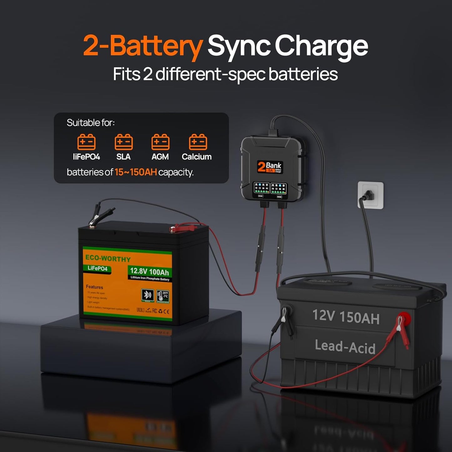 ECO-Worthy 2-Bank Marine Battery Charger 10A (5A/Bank), IP68 Waterproof 12V Charger & Maintainer for Boat RV Car, Lead-Acid LiFePO4 & Calcium Battery Desulfator