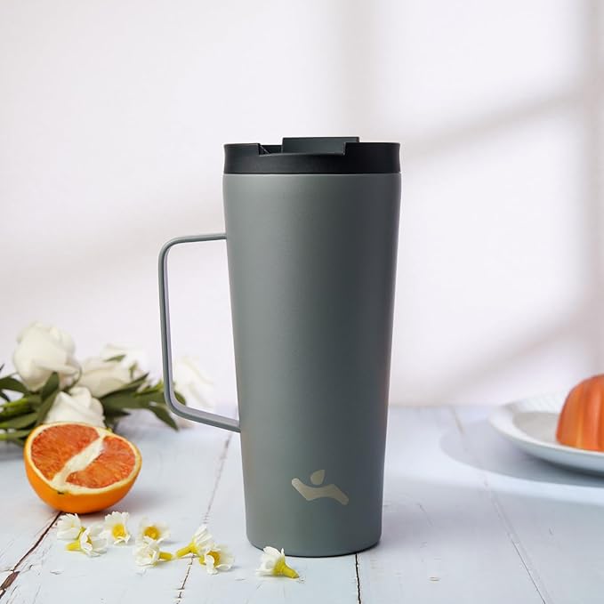 Insulated Tumbler with Handle and Straw, 26 OZ Travel Coffee Mug Stainless Steel Cup Metal Water Bottle,Grey
