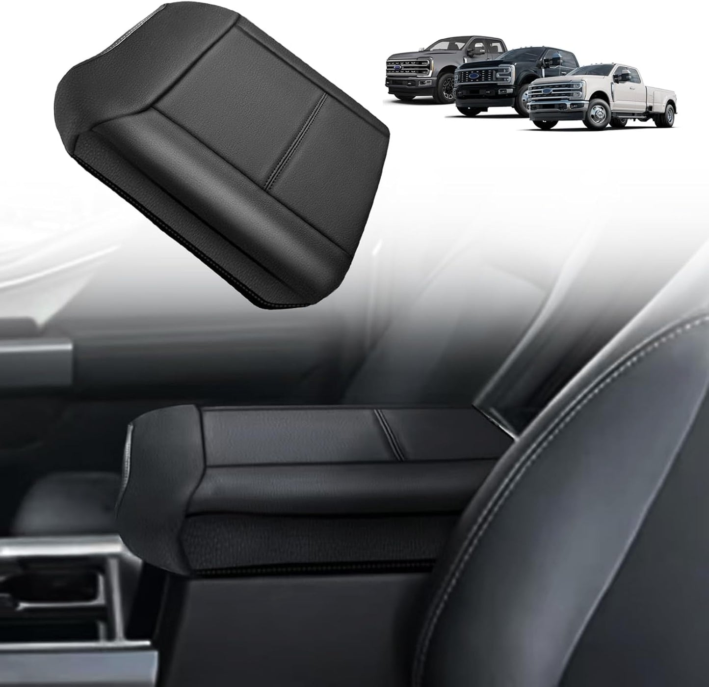 Muslogy Center Console Armrest Cover Compatible with Ford F250 F350 F450 2023 2024 2025 Super Duty Comfort Armrest Pad Arm Rest Cushion Vegan Leather Protector 1-Inch Extra Thick(Bucket Seat ONLY)