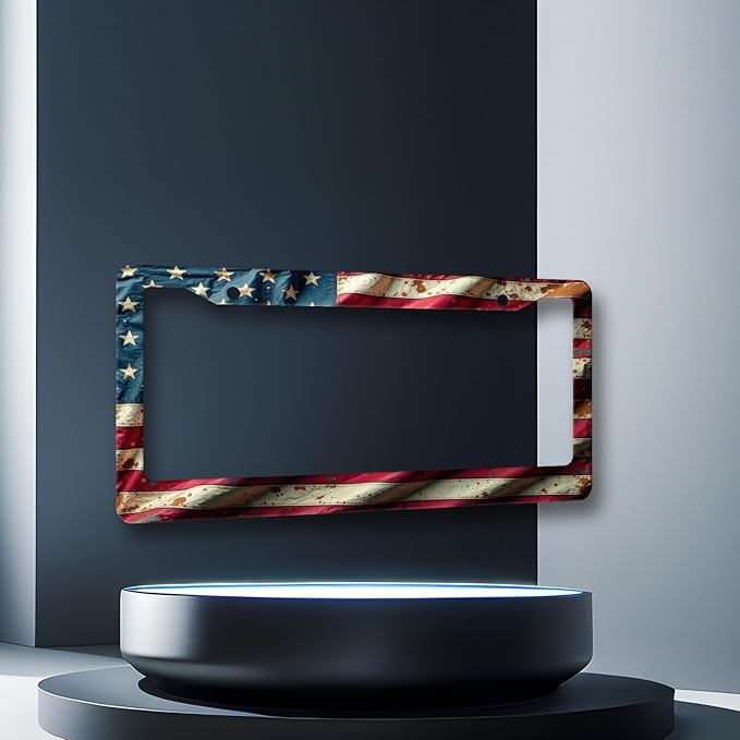 American Flag License Plate Frame Patriotic License Plate Stainless Steel Funny USA Flag Accessories Cars Decor for Men Women 12.2 X 6.2 Inch with 2 Holes and Screws Fits Standard Us Ca Vehicles